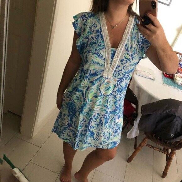 Robe Lilly Pulitzer Zandra - Taille M - Couleur Bennet Blue, Motif Salty Seas - Neuf Avec étiquettes ($138 Valeur)